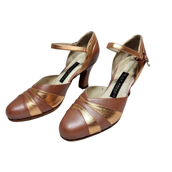 Arika Nerguiz Media Vuelta Tan Gold Strappy Tango Heels Size 8 - Picture 1 of 7